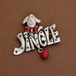 Vintage Christmas Puppy Jingle Silver Tone Brooch - U22